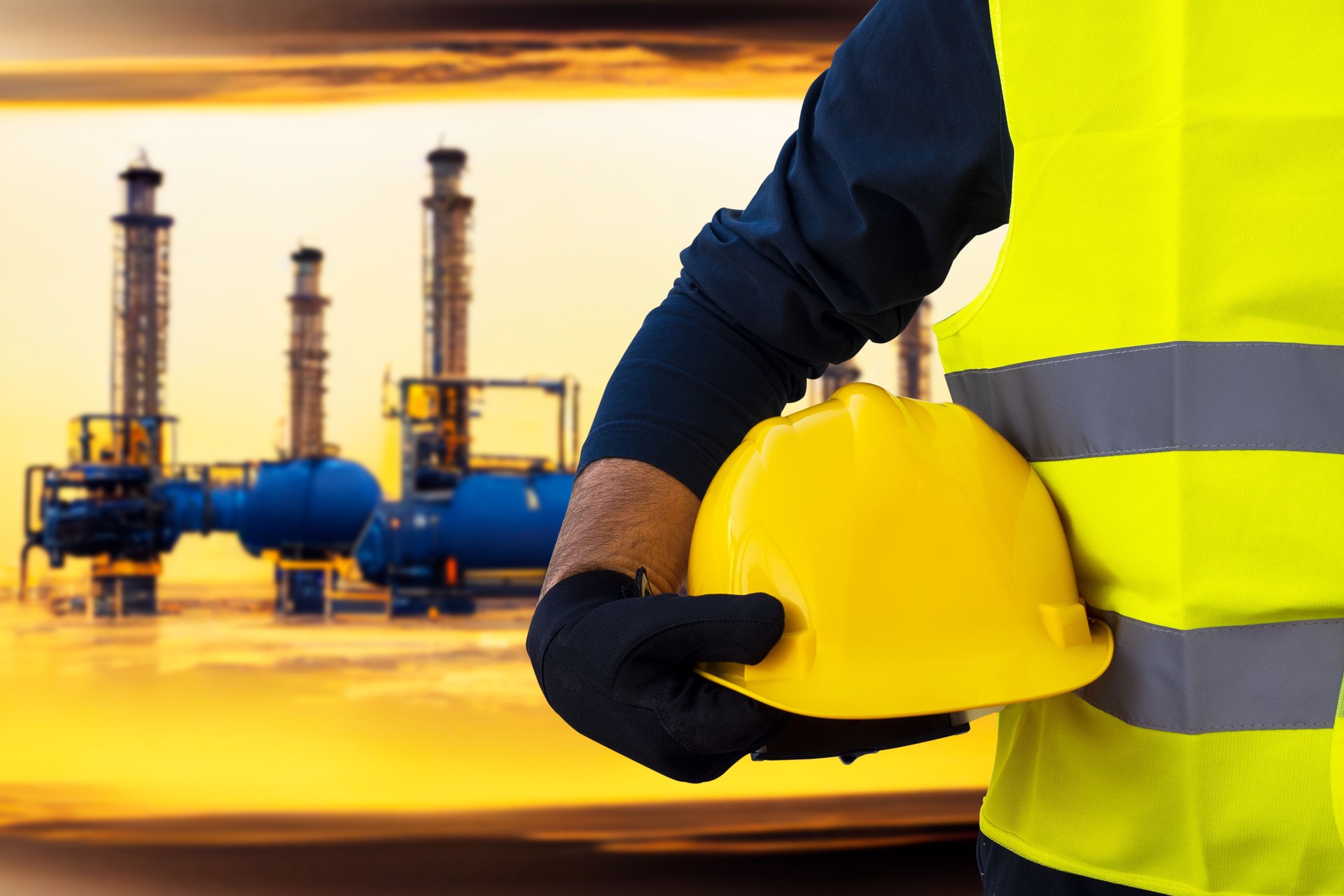 Construction worker engineer on the background of a gas plant under construction, a natural gas field, a gas pumping station.